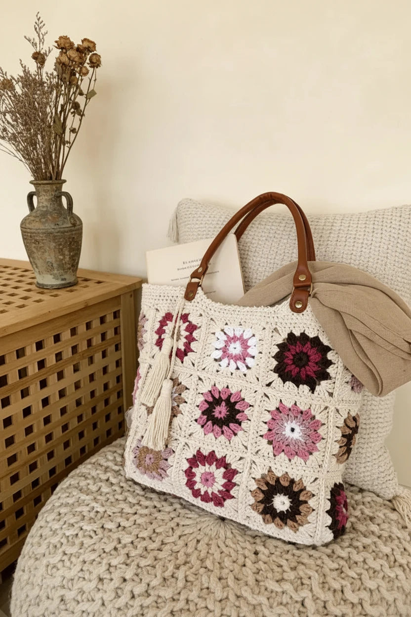 Artisan Crafted Crochet Shoulder Tote – The Heritage Floral Edition