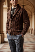 Classic Knit Cardigan with Cable Stitch & Shawl Collar - Men's